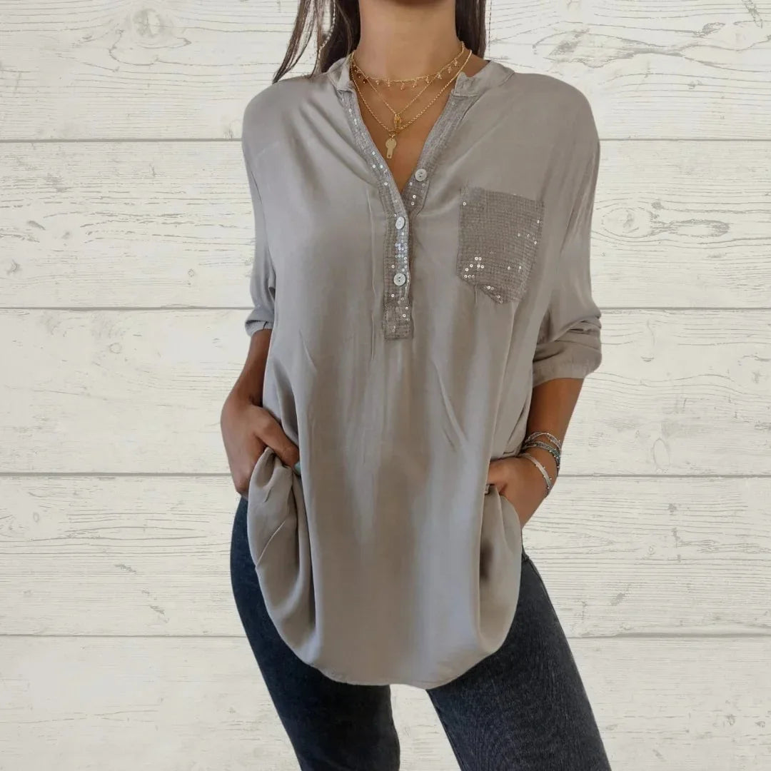 Cotton, Sequin and V-Neck Casual Shirt (Free Shipping)